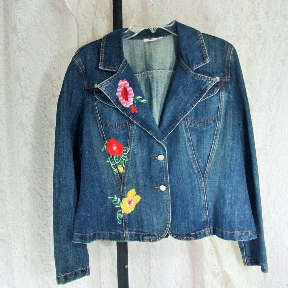 Denim Blue, Blazer Jacket, Unique Embroidered In Red Yellow Florals